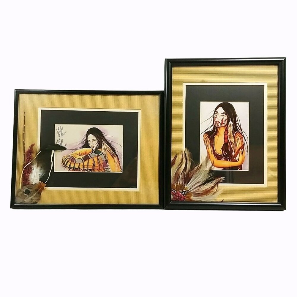 Western Tribal Portrait Art Prints Framed Double Matted 3-d collage Ranch Decor